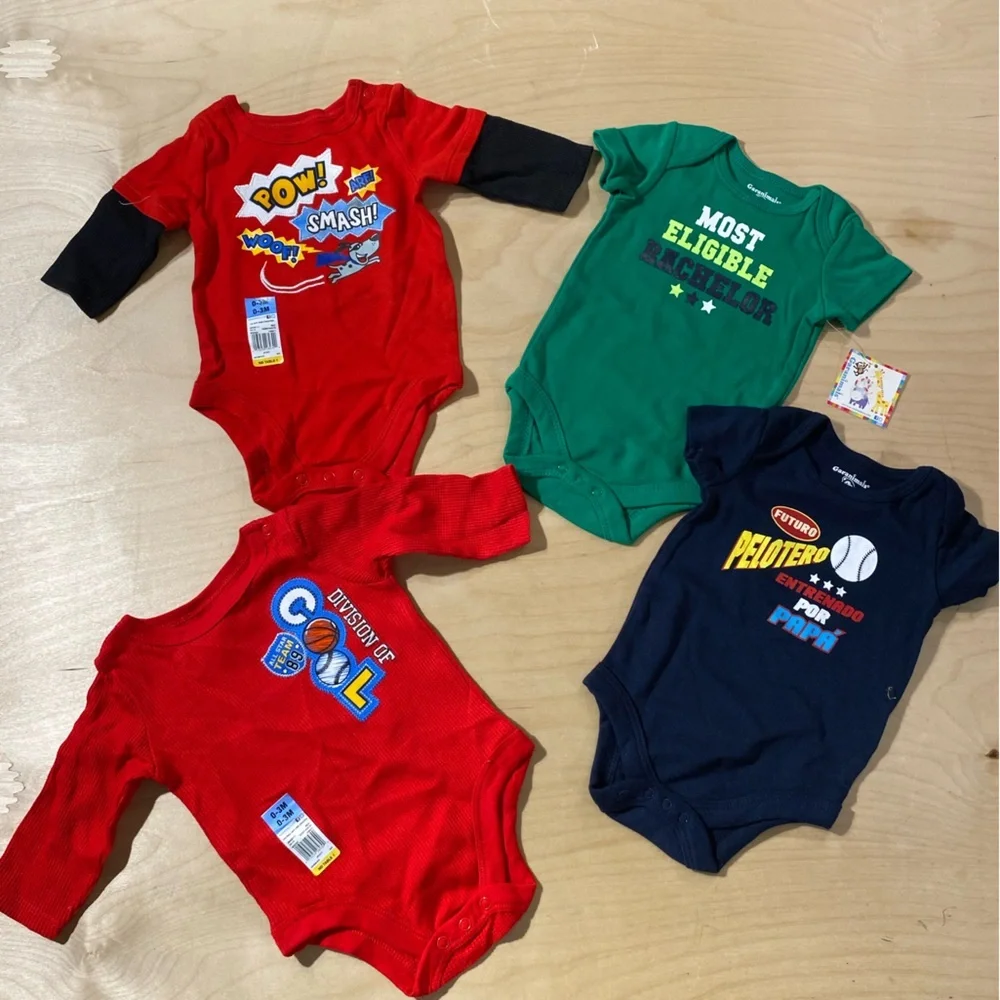 4 Garanimals Comic and Sports Baby Bodysuits - Red, Green, Navy 0-3M (OQ)